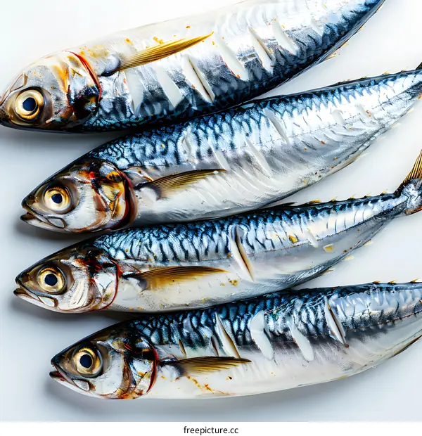 Four mackerels on a white background