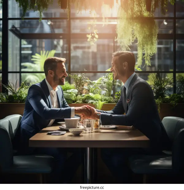 Two businessmen in suits shaking hands over a table in a restaurant