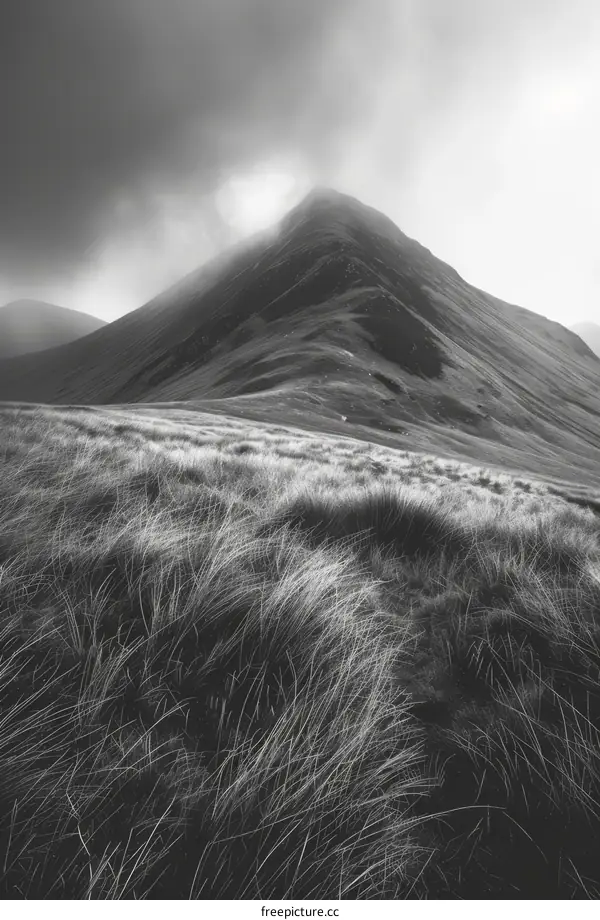 Monochrome mountain landscape with a large hill in the distance and long grass in the foreground