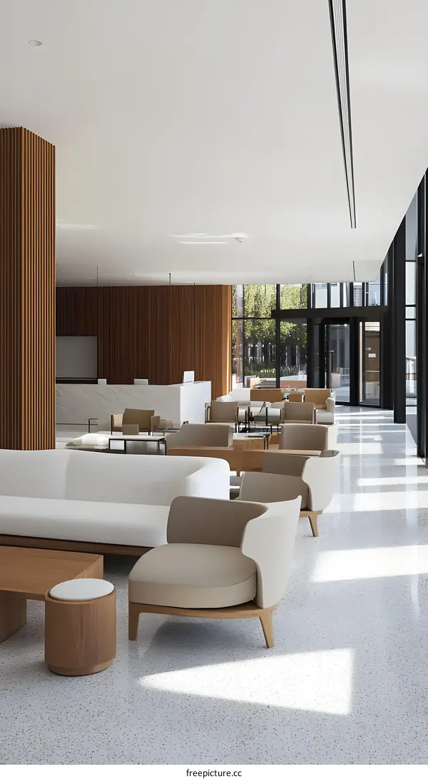 Modern Office Lobby Interior Design With White Sofa And Wooden Wall