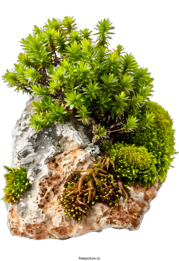 [Transparent Background PNG]Green Moss and Plants Growing on a Rock