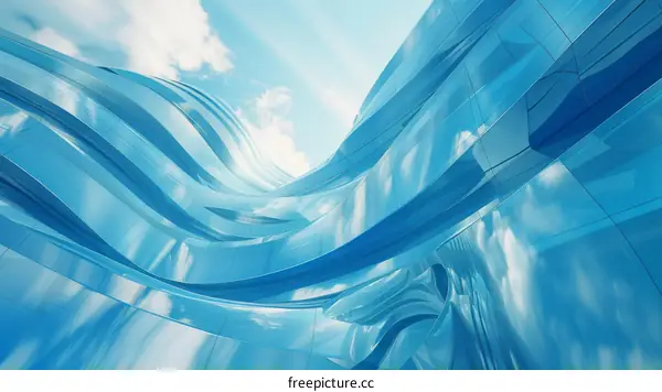 Blue Wavy Glass Structure with Bright Sky Background