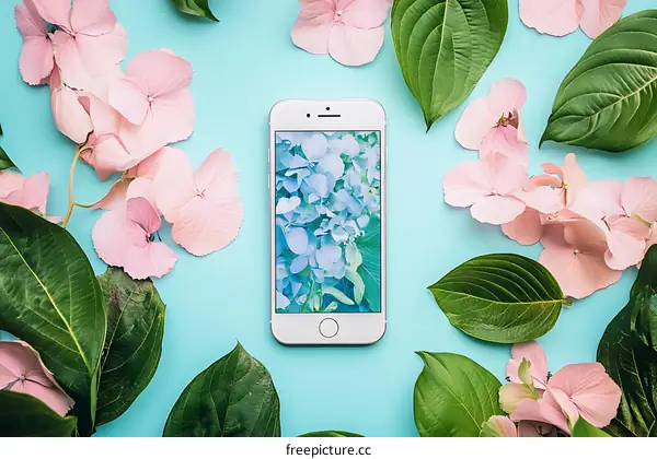 Flat Lay of Pink Flowers and Green Leaves Surrounding a Smartphone