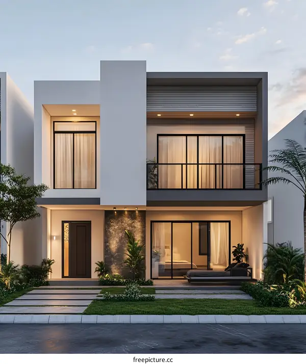 Modern Minimalist Two Story House Exterior Design With Balcony And Lawn