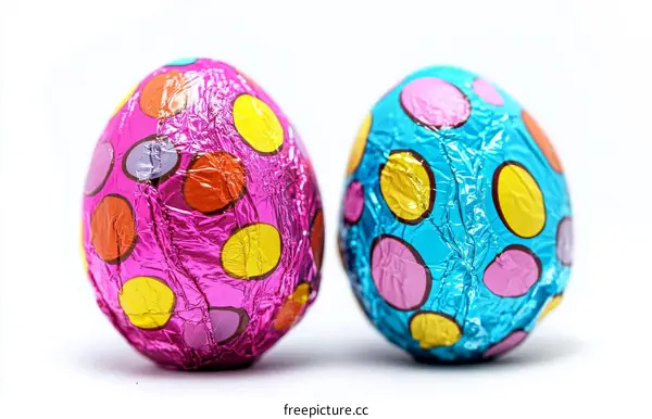 Two Colorful Easter Chocolate Eggs in Foil Wrapping