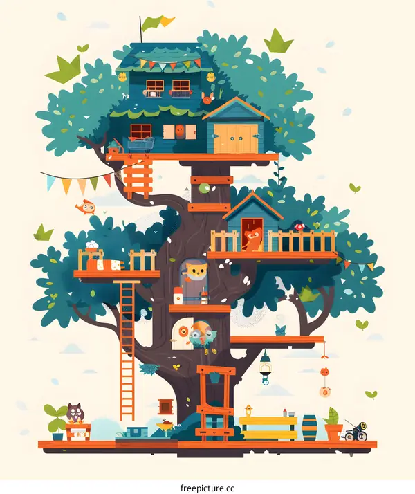 Cute Tree House Illustration With Animals