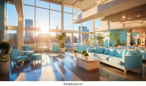 Blue and White Modern Office Space With City View