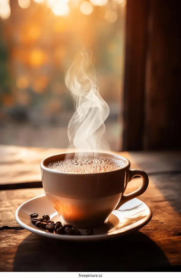 A cup of coffee on a wooden table
