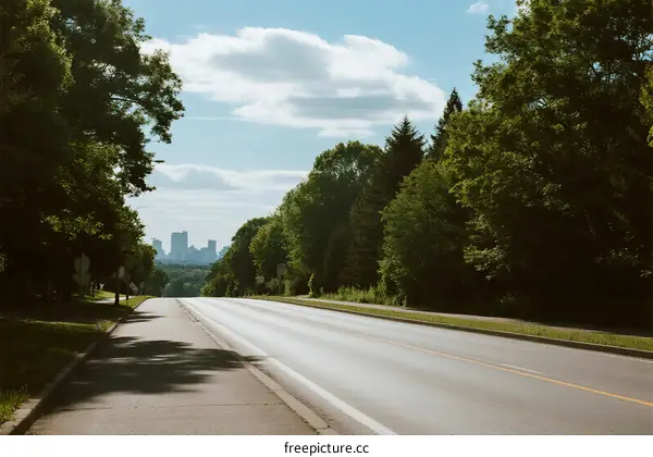 A scenic road with trees on both sides leading to a city skyline