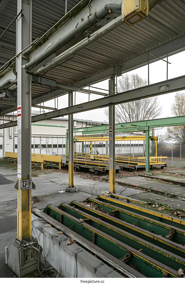 Industrial Building with Metal Structure and Yellow and Green Rails