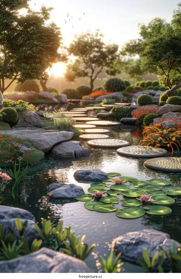 Stepping Stones in a Pond with Lily Pads and Flowers