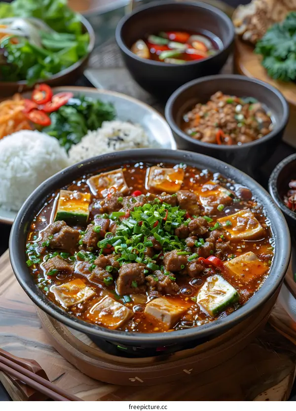 Close Up of Mapo Tofu with Beef and Cucumber