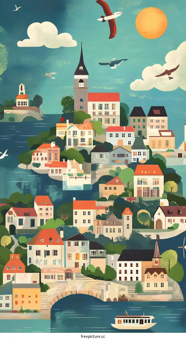 Illustrated Cityscape with Buildings and Sky