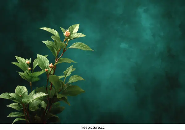 Close-up of Small Pink Flowers and Leaves on Teal Background