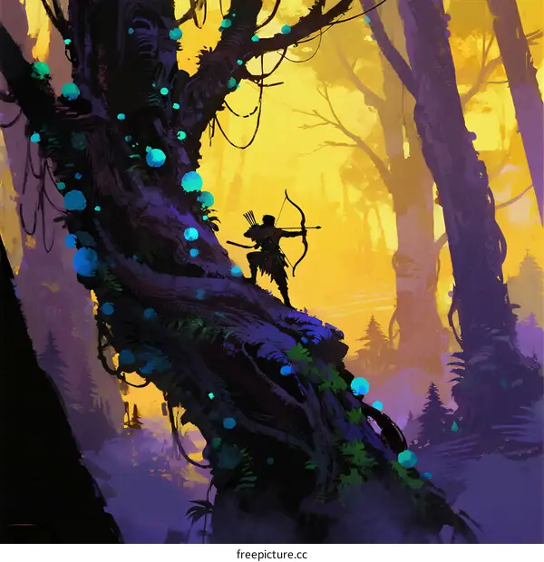 Mysterious Archer in Enchanted Forest with Glowing Blue Orbs