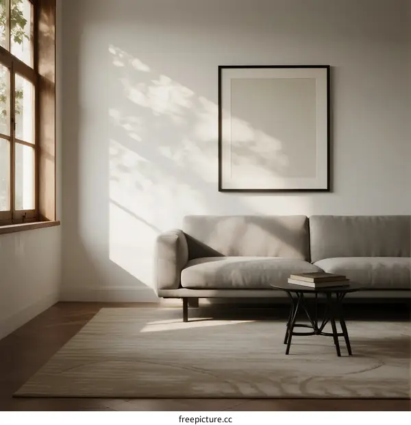 Minimalist living room with sofa and window light shadow