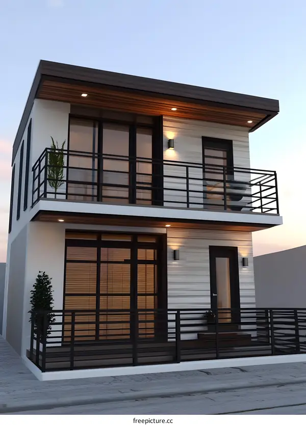 Modern Two Story House Exterior Design With Balcony And Metal Railing