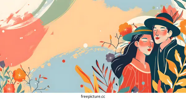 Romantic Couple Illustration With Watercolor Background