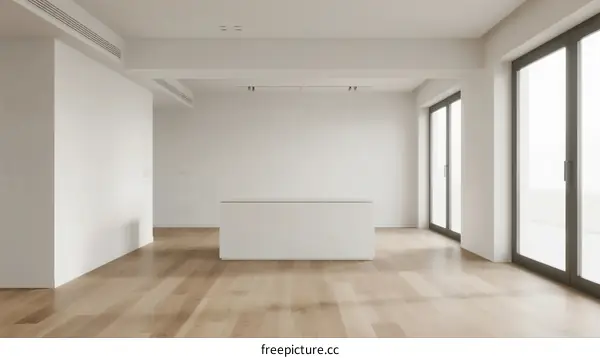 Modern empty room with wooden floor and large windows