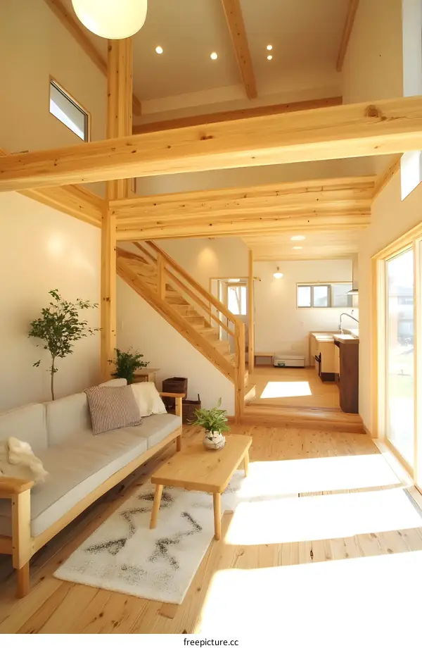 Modern Interior Design with Wooden Beams and a Cozy Living Room