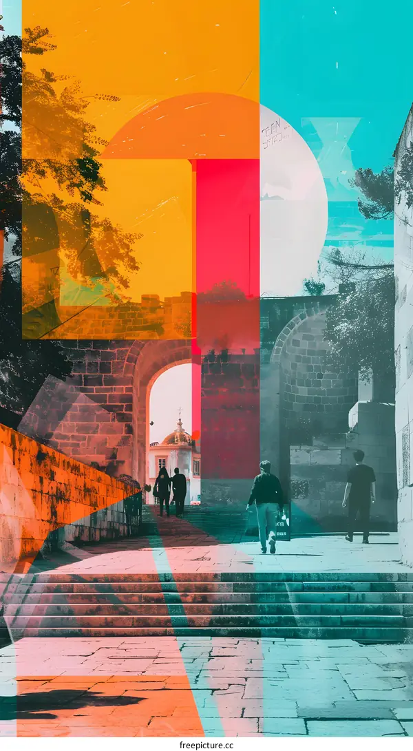 People Walking Through a Stone Archway with Overlapping Color Blocks