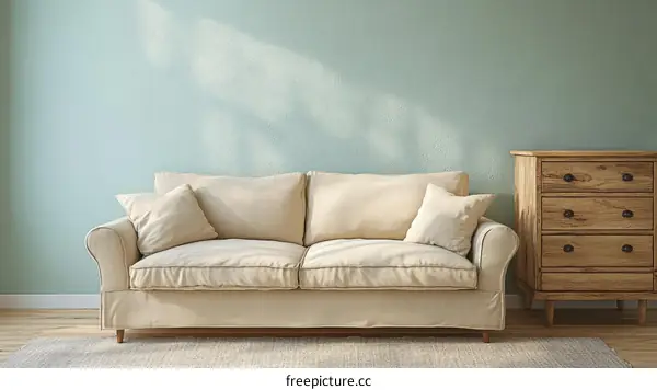 Beige Sofa in a Light Teal Room