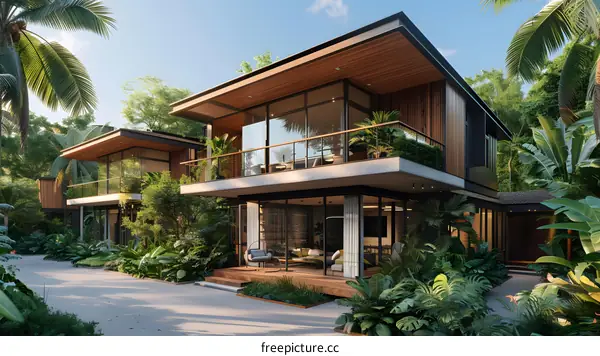 A modern tropical villa with a pool and lush vegetation