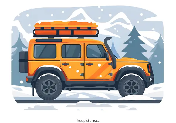 Orange Off Road Vehicle in Snowy Mountains Illustration