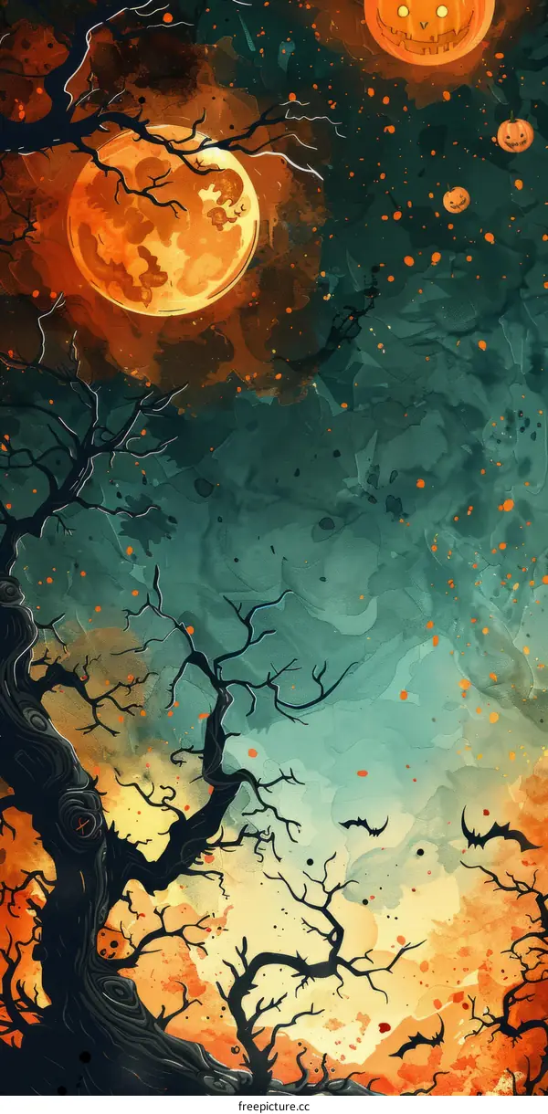 Halloween Watercolor Illustration of a Spooky Forest with a Full Moon