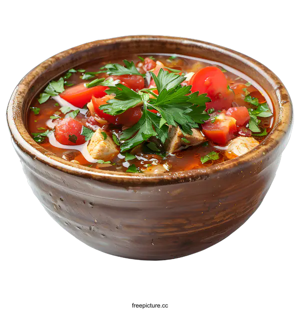 [Transparent Background PNG]A bowl of soup with tomatoes, meat, and parsley