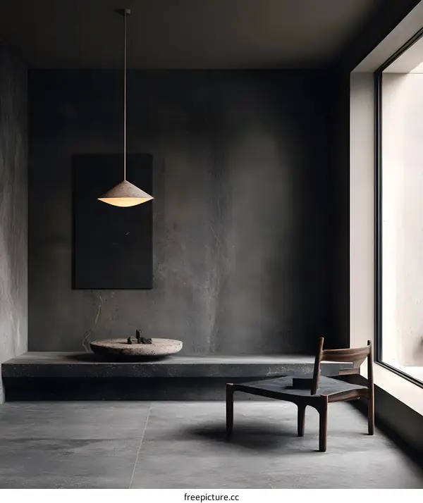 Minimalist Interior Design with Stone Wall and Wooden Chair