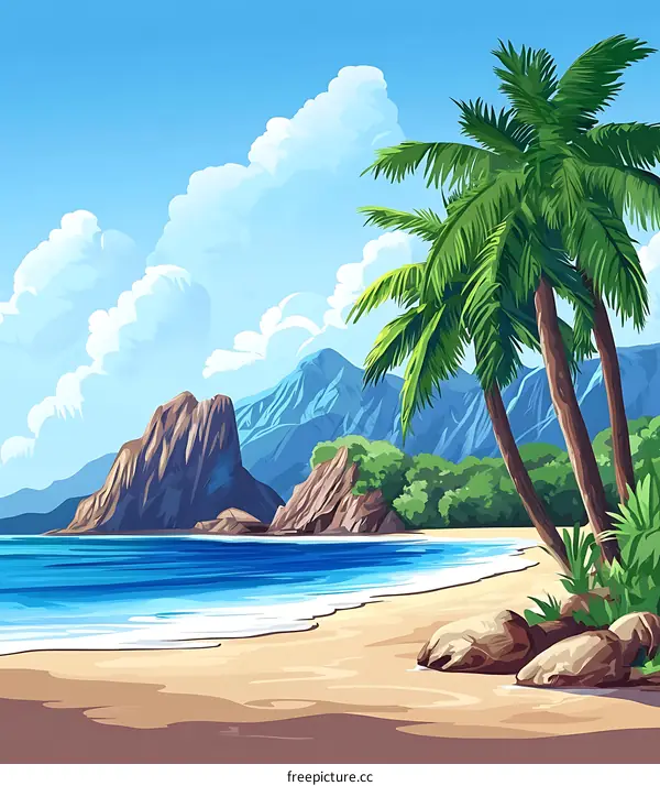 Tropical Beach with Palm Trees and Mountains