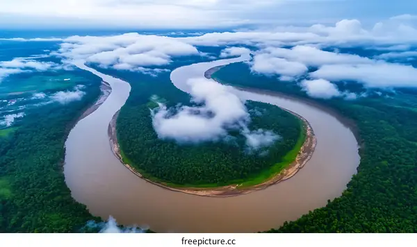 Aerial View of a Meandering River Winding Through Lush Rainforest