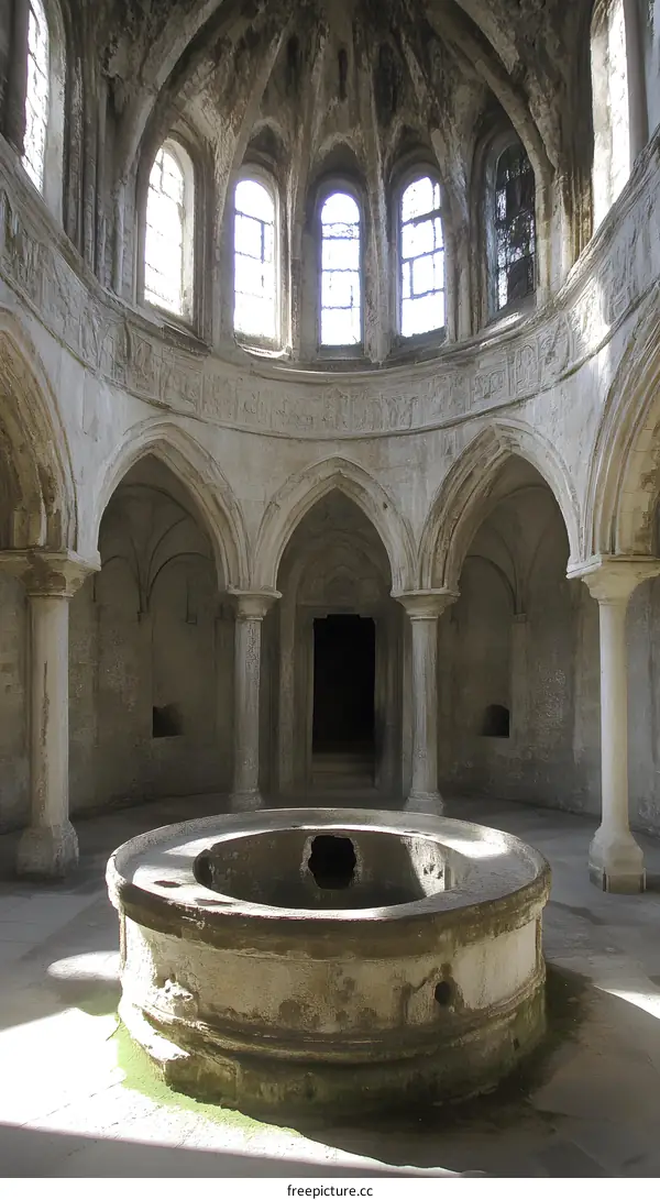 Ancient Stone Well with Arched Ceiling in Old Church