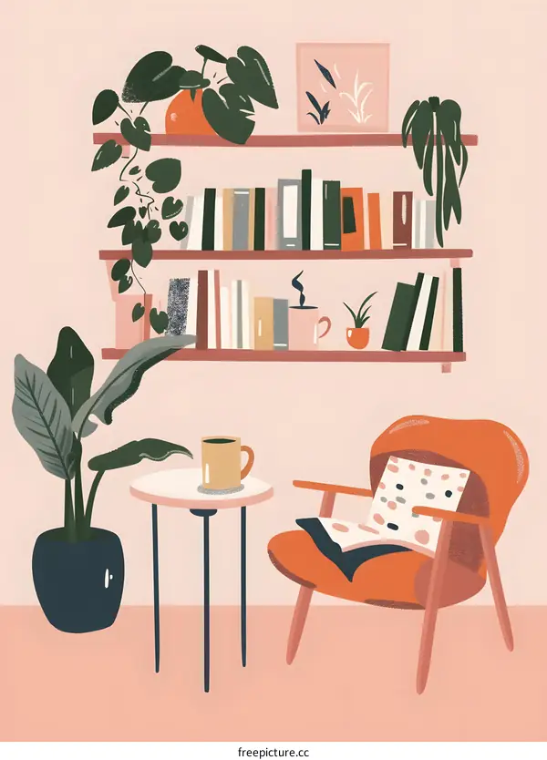 Cozy Living Room with Bookshelf and Armchair