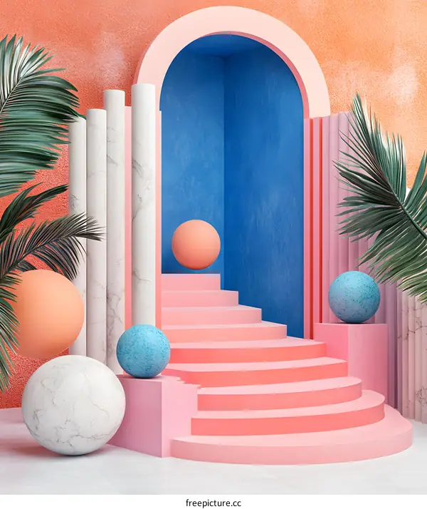 Abstract Pastel Pink Stairs With Tropical Leaves And Marble Columns