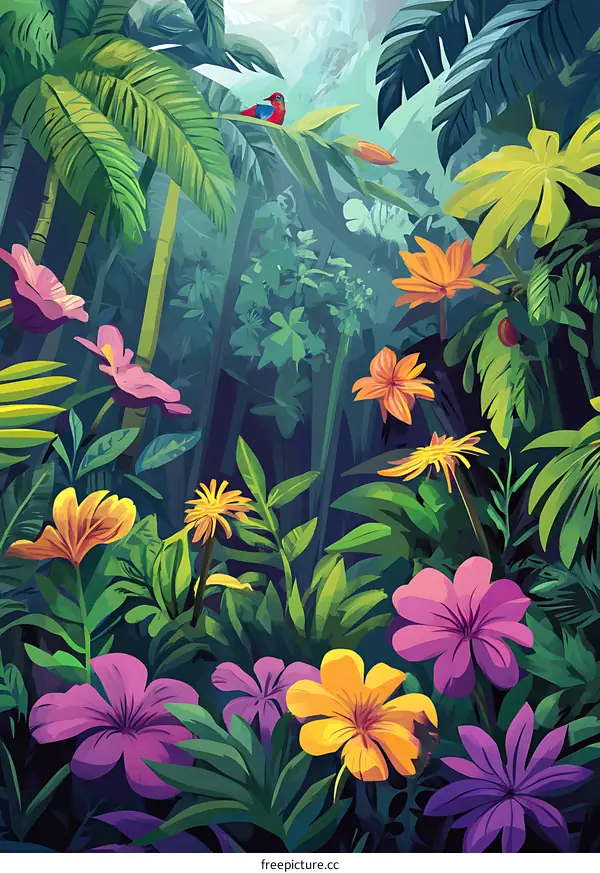 Tropical Rainforest Illustration with Lush Greenery and Bright Flowers