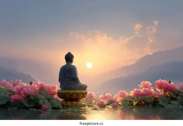 Buddha statue meditating at sunrise over lotus flowers