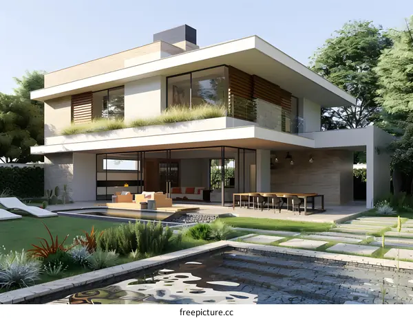 Modern House Exterior Design With Pool And Garden