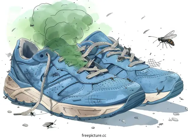 A pair of blue sneakers with green smoke coming out of them and bugs flying around