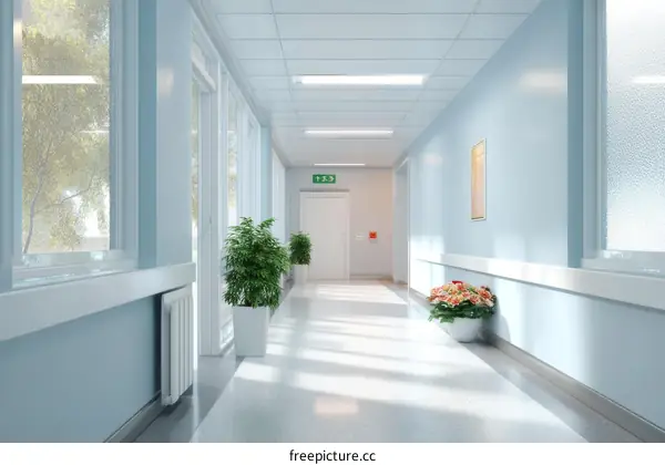 Empty Hospital Corridor with Sunlight and Plants