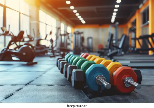 Colorful Dumbbells in a Gym with Exercise Equipment