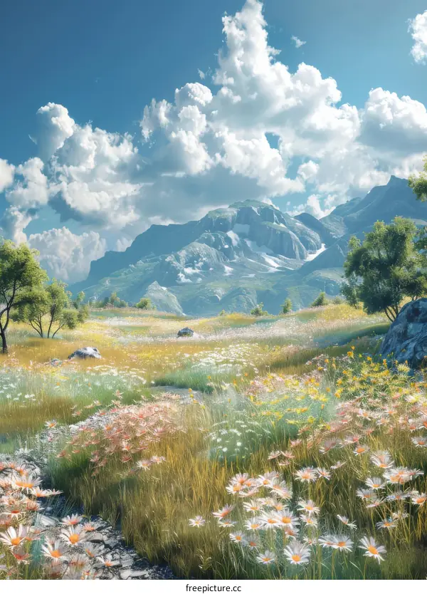 Flowers bloom at the foot of the mountain