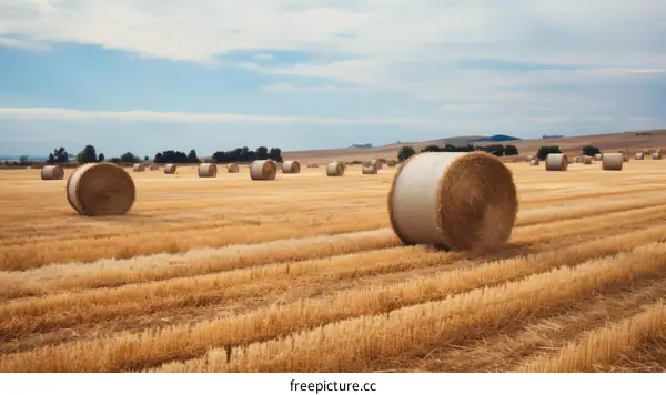 Field of hay rolls under blue sky