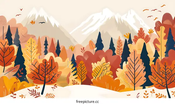 Autumn Landscape Illustration with Mountains and Forest