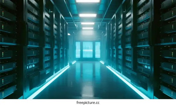 Modern Data Center with Rows of Server Racks and Blue Lighting