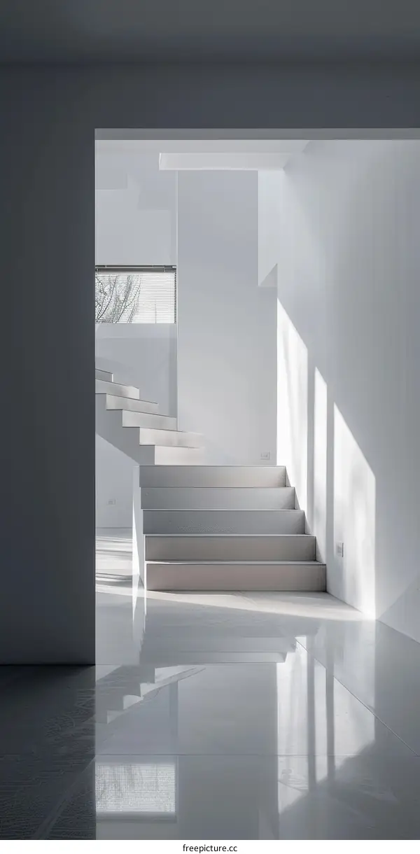 Modern Staircase with White Walls and Light Wood Steps