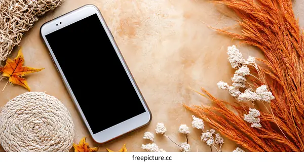 Autumn Aesthetic Flatlay With Phone and Dried Flowers