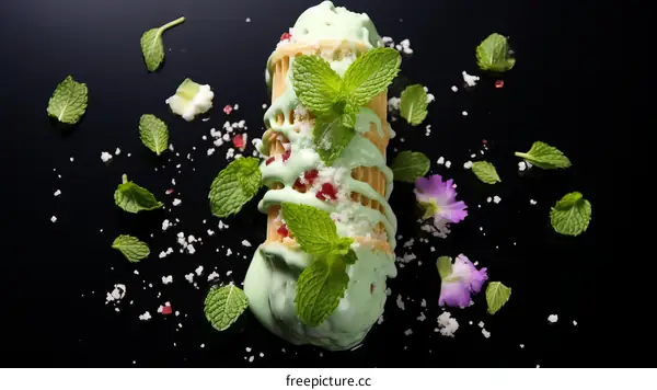 Green dessert with cream and mint