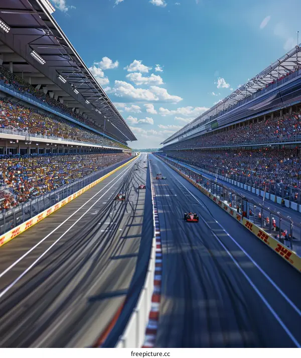 Formula One cars racing down a track